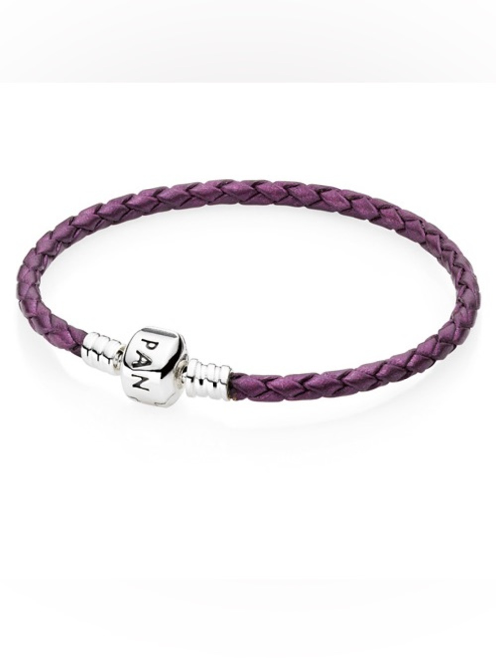 PANDORA (8.1") Single Shimmering Purple Leather Bracelet Authentic Silver Woven